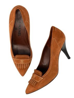 Chanel CC Logo Suede Leather Fringe High Heels Pumps Shoes Brown Tan 37 7 6.5